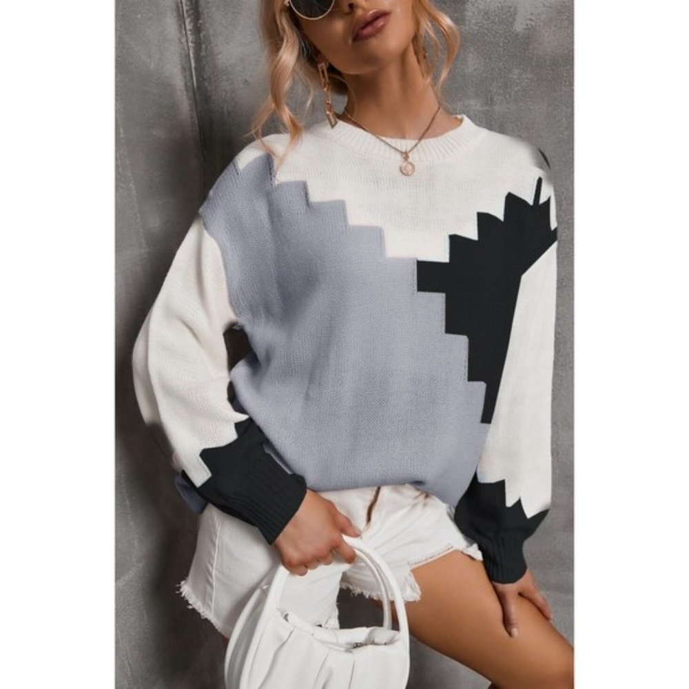 Color Block Dropped Shoulder Knit Pullover - Picture 11 of 12